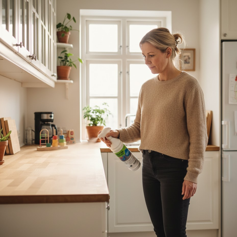 Kvinde fjerner bakterier i hjemmet med overfladedesinfektion