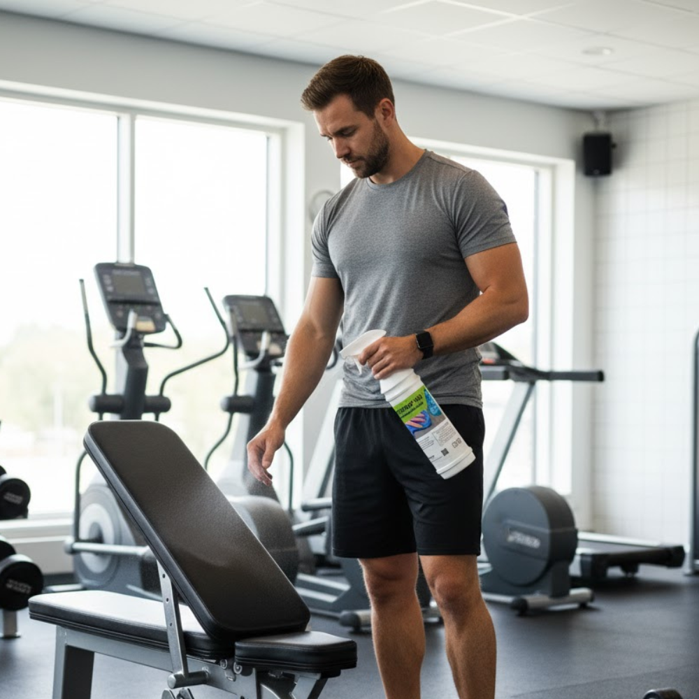 Fitnesspersonale rengøre udstyr med overfladedesinfektion